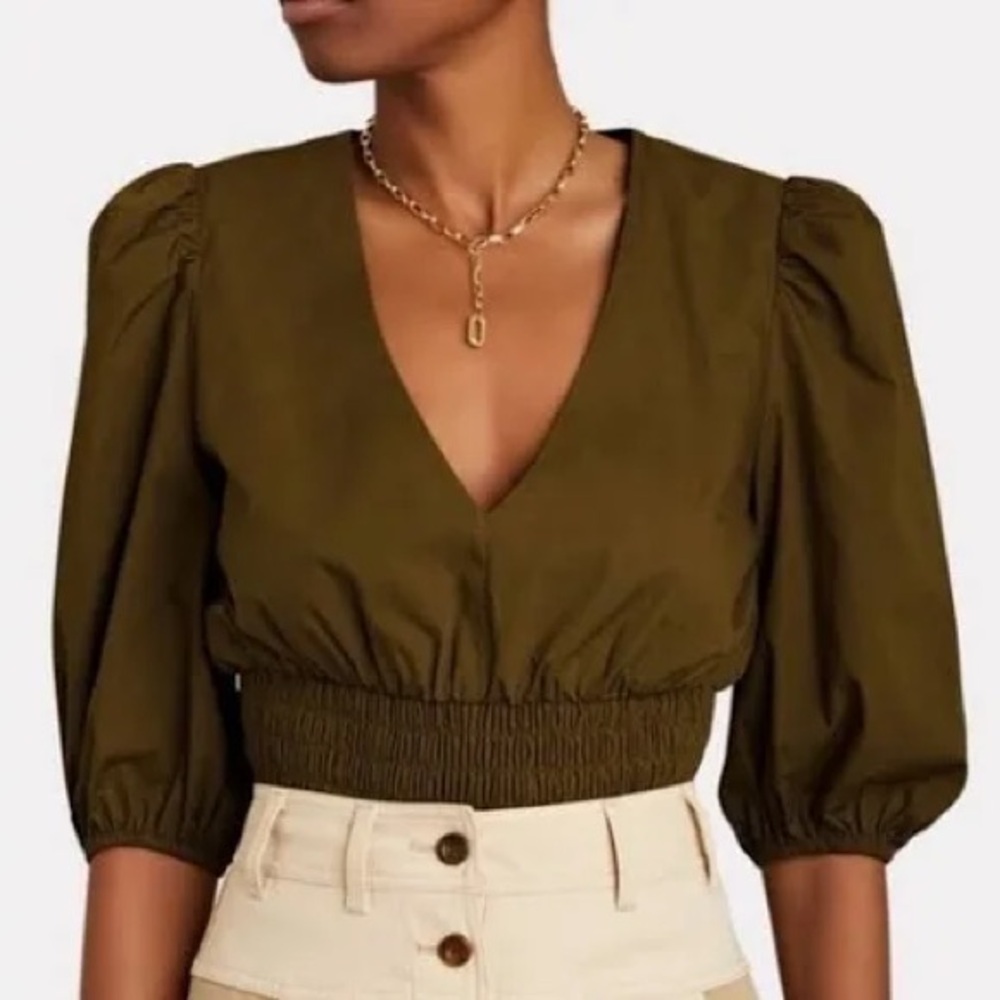 Intermix Scarlet Puff Sleeve Poplin Top S Smocked Cropped Army Green